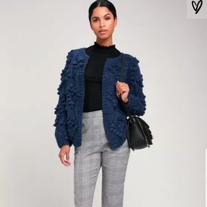 Lulus Hallie Navy Knit Pom Pom Cardigan Sweater